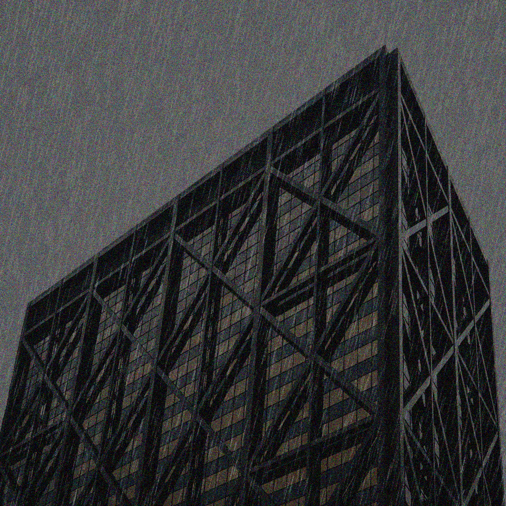 Degraded input: a glass skyscraper obscured by rain streaks and sensor noise.