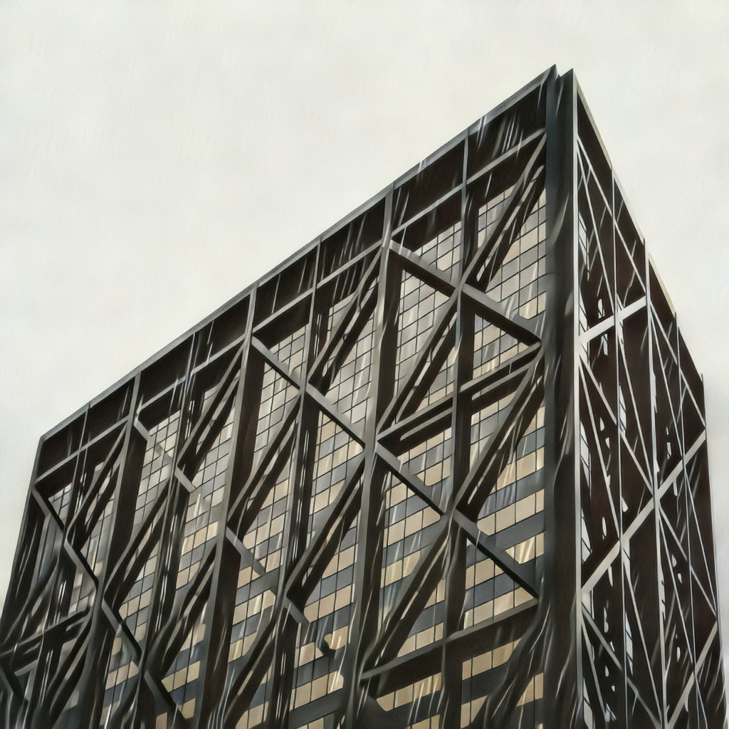 Restore-R1 output: the same skyscraper with the rain streaks and noise removed.